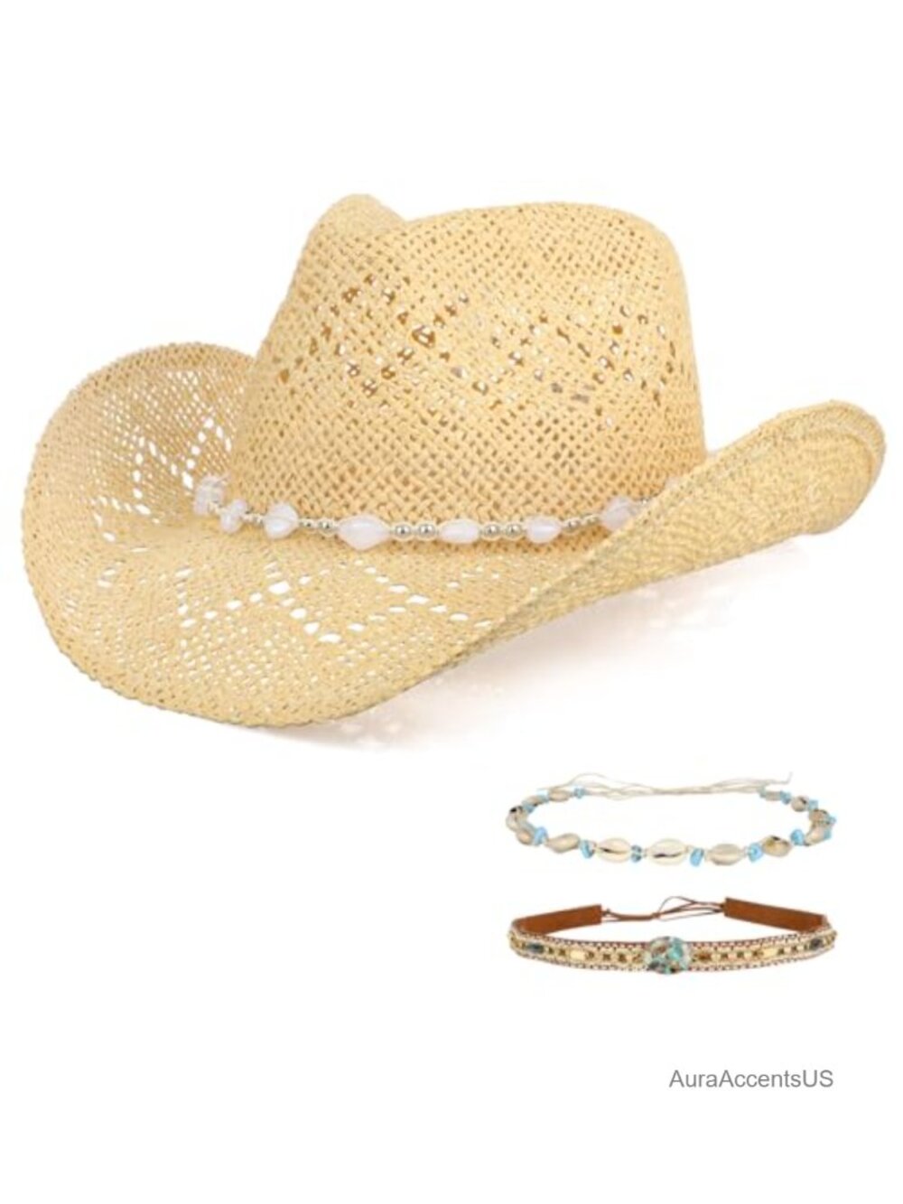 Straw Cowboy Hat with 3 Decorative Bands Wide Brim Western Sun Hat